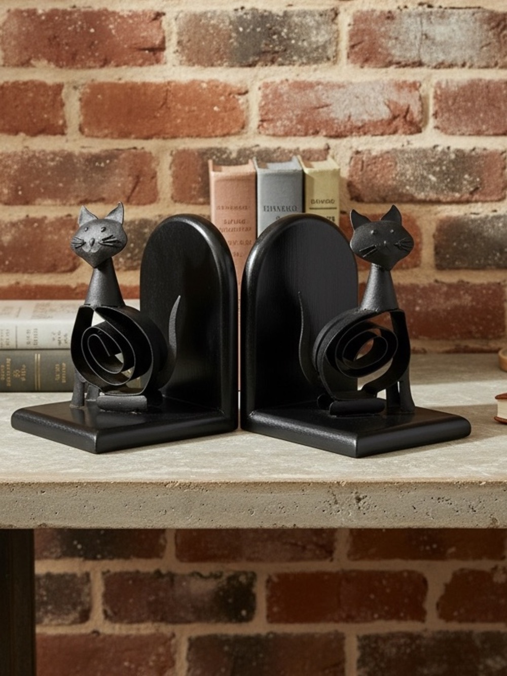 MCM Boho Black Metal Coiled Cat Bookends Set of 2 Made in India